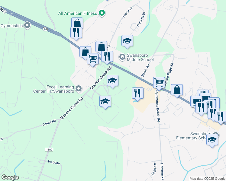 map of restaurants, bars, coffee shops, grocery stores, and more near 159 Queens Creek Road in Swansboro