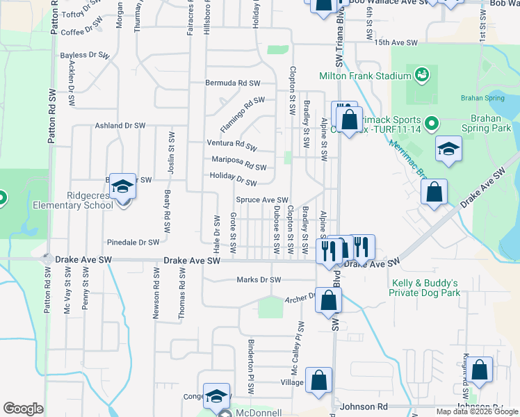 map of restaurants, bars, coffee shops, grocery stores, and more near 3504 Emm Ell Street Southwest in Huntsville