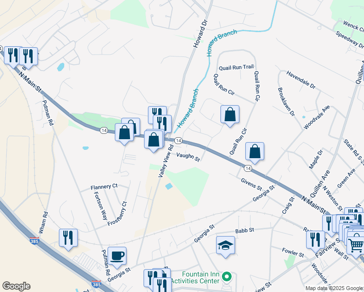 map of restaurants, bars, coffee shops, grocery stores, and more near 913A North Main Street in Fountain Inn