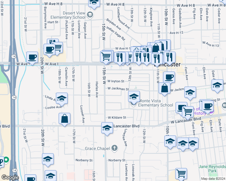 map of restaurants, bars, coffee shops, grocery stores, and more near 1414 West Jackman Street in Lancaster