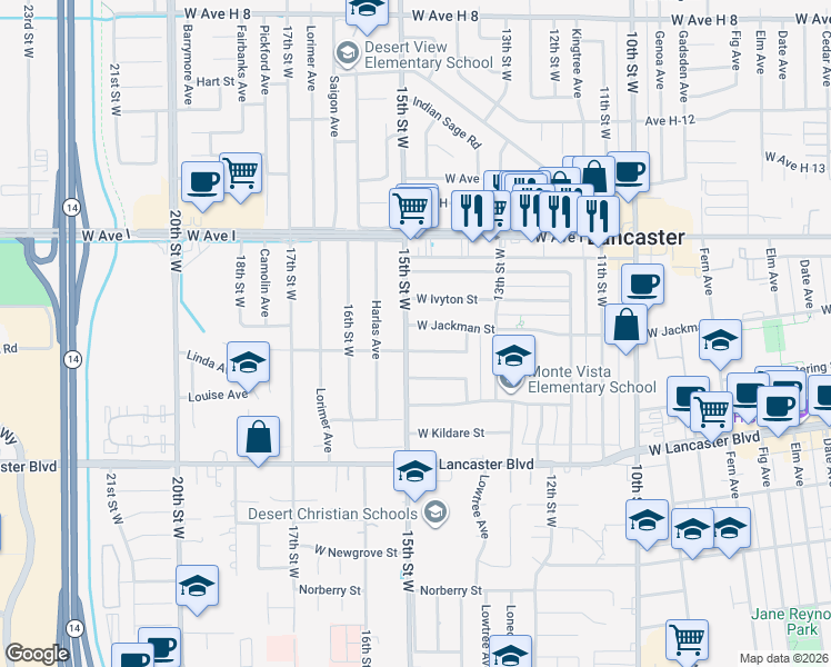 map of restaurants, bars, coffee shops, grocery stores, and more near 1438 West Jackman Street in Lancaster
