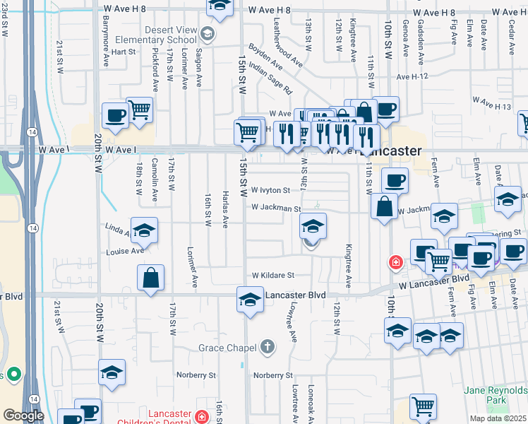 map of restaurants, bars, coffee shops, grocery stores, and more near 1414 West Jackman Street in Lancaster