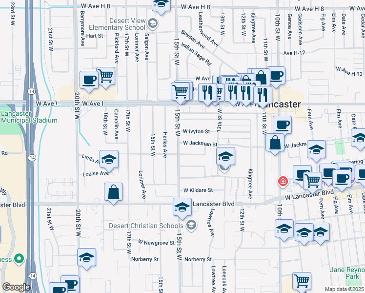 map of restaurants, bars, coffee shops, grocery stores, and more near 1438 West Jackman Street in Lancaster