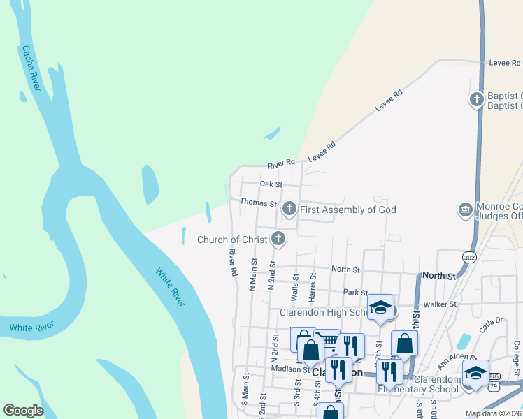 map of restaurants, bars, coffee shops, grocery stores, and more near 620 North Main Street in Clarendon