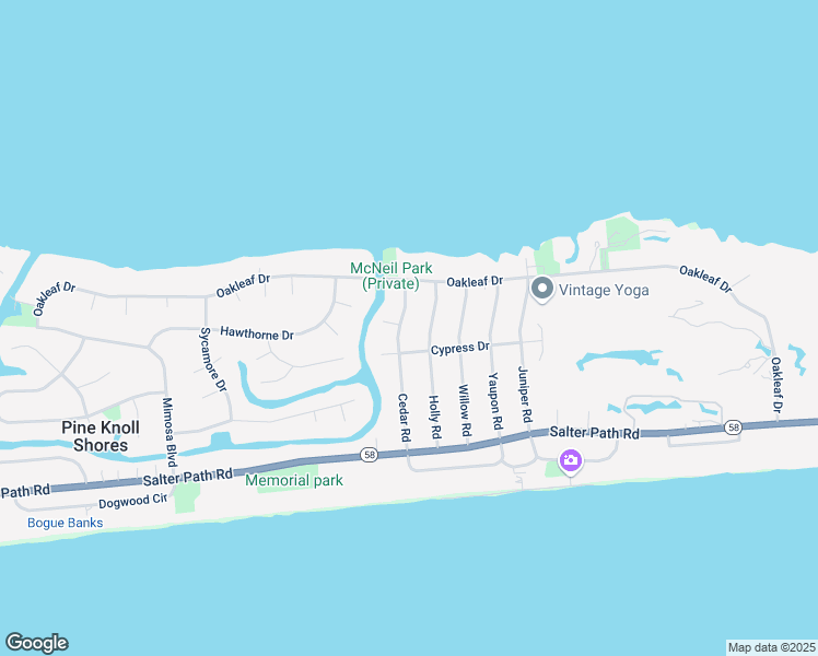 map of restaurants, bars, coffee shops, grocery stores, and more near 132 Cedar Road in Pine Knoll Shores