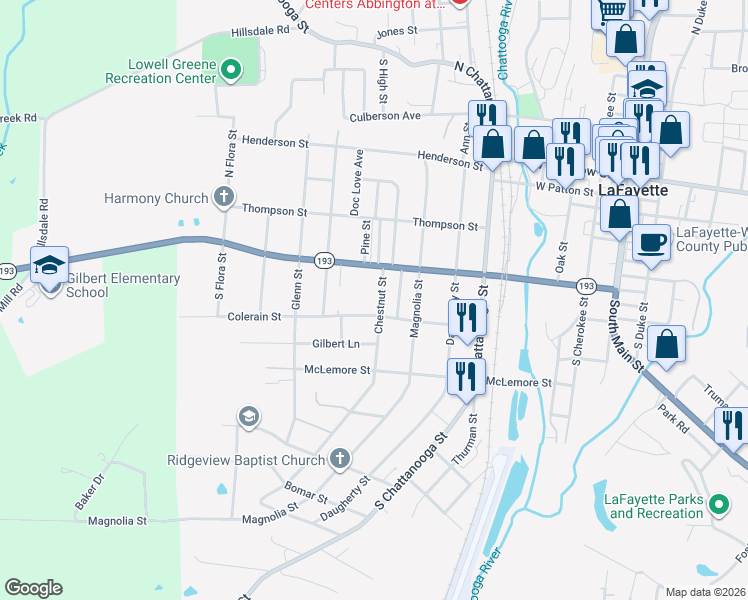 map of restaurants, bars, coffee shops, grocery stores, and more near 416 Chestnut Street in LaFayette
