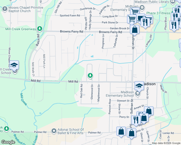 map of restaurants, bars, coffee shops, grocery stores, and more near 111 Bibb Drive in Madison