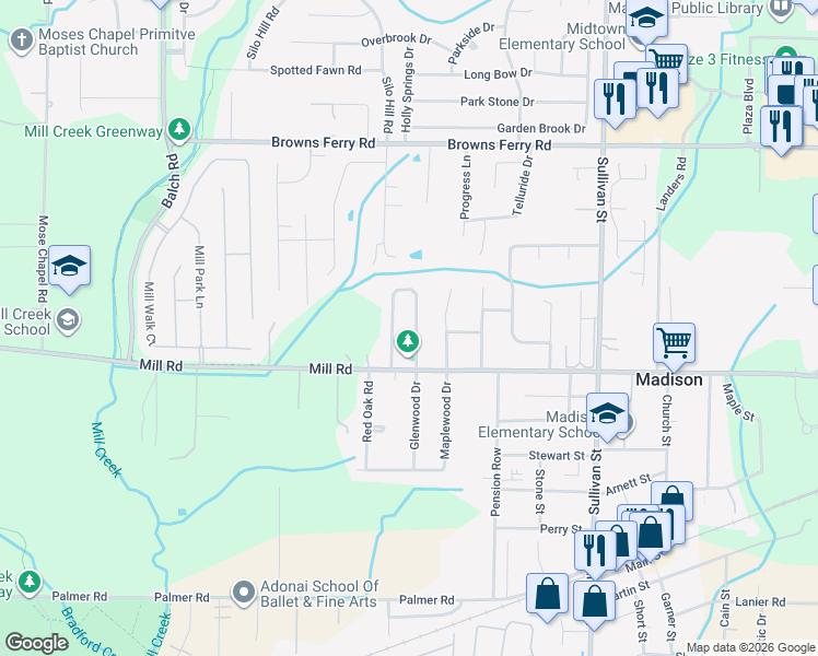 map of restaurants, bars, coffee shops, grocery stores, and more near 111 Bibb Drive in Madison