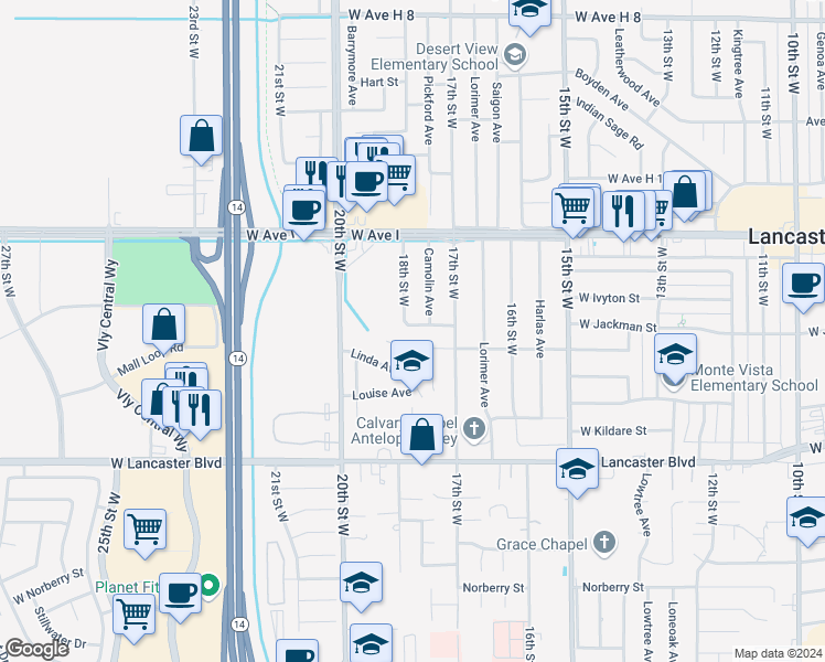 map of restaurants, bars, coffee shops, grocery stores, and more near 1746 West Jackman Street in Lancaster