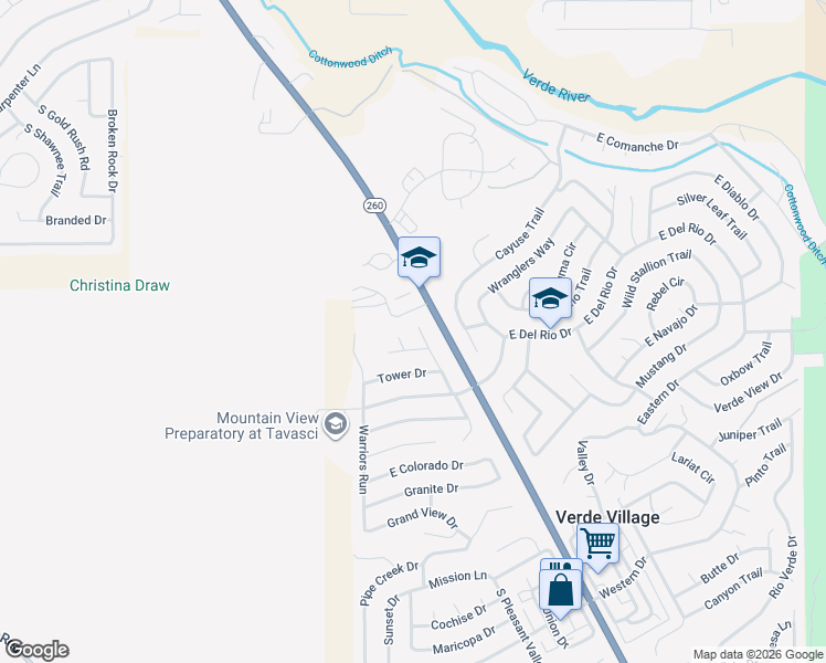 map of restaurants, bars, coffee shops, grocery stores, and more near 2131 Aztec Circle in Cottonwood
