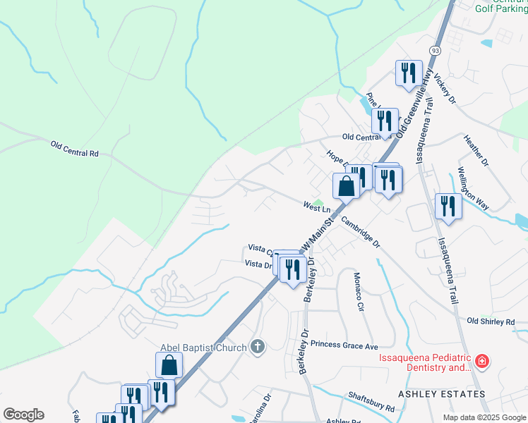map of restaurants, bars, coffee shops, grocery stores, and more near 201 West Lane in Clemson