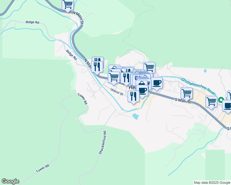 map of restaurants, bars, coffee shops, grocery stores, and more near 50 Yonah Street in Helen