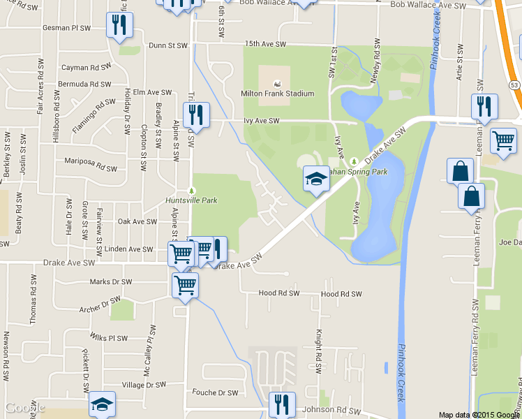 map of restaurants, bars, coffee shops, grocery stores, and more near 3636 Chasewood Drive Southwest in Huntsville