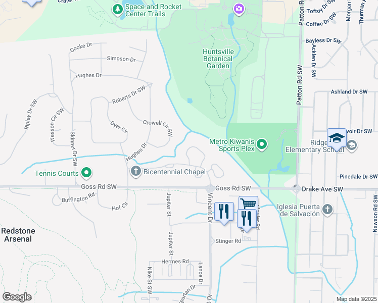 map of restaurants, bars, coffee shops, grocery stores, and more near 500-598 Magnolia Circle in Huntsville