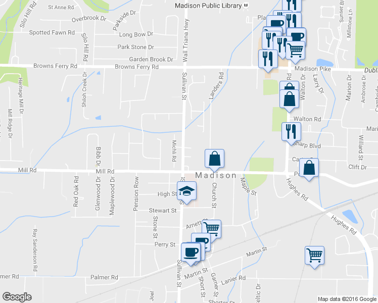 map of restaurants, bars, coffee shops, grocery stores, and more near 132 Michli Road in Madison