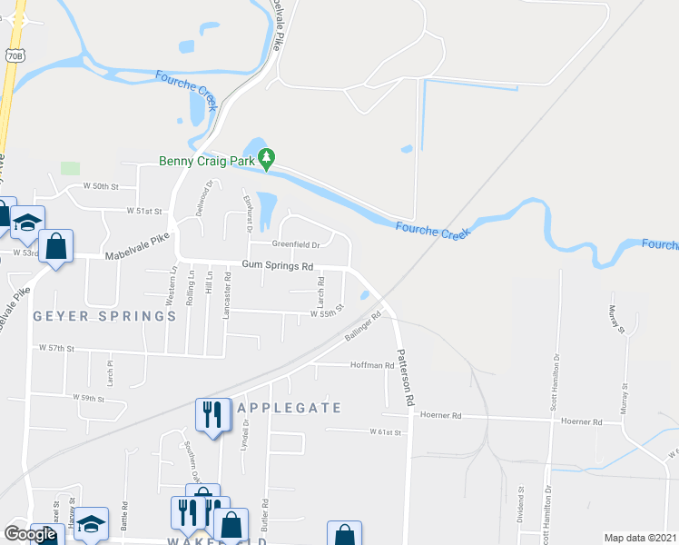 map of restaurants, bars, coffee shops, grocery stores, and more near 61 Rosemoor Drive in Little Rock