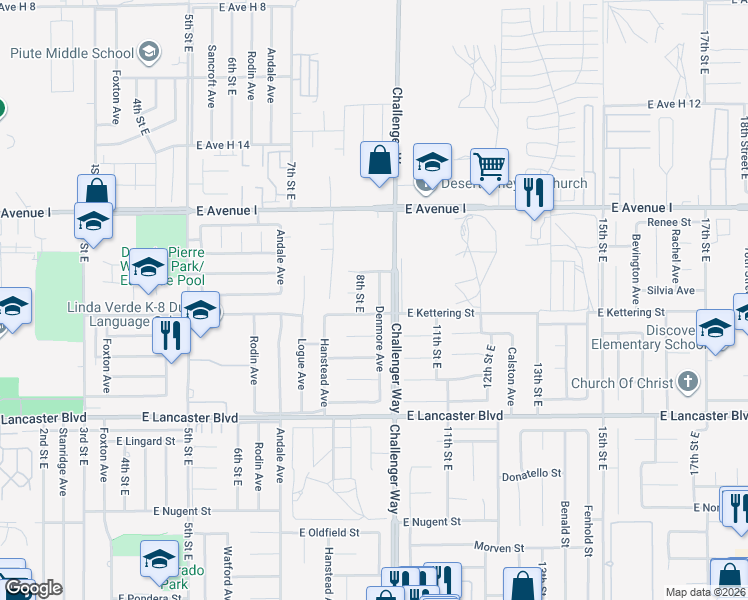 map of restaurants, bars, coffee shops, grocery stores, and more near 45015 Denmore Avenue in Lancaster
