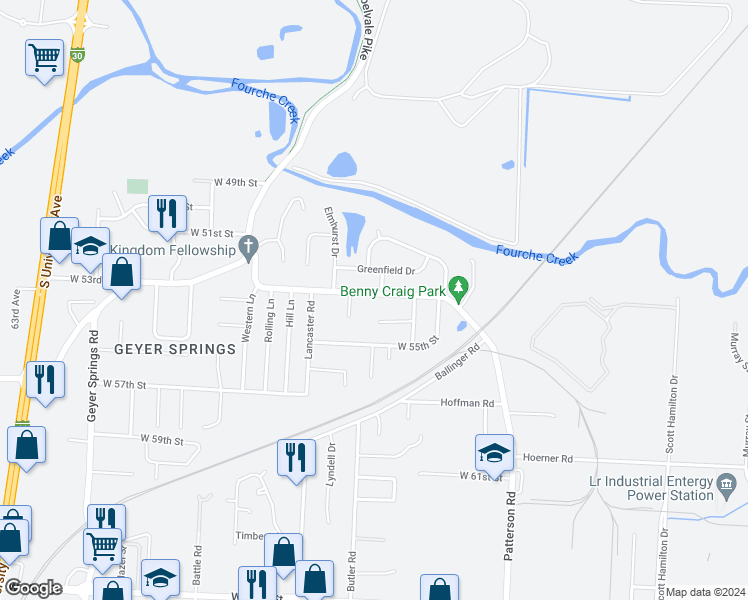 map of restaurants, bars, coffee shops, grocery stores, and more near 4907 Gum Springs Road in Little Rock