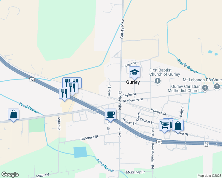 map of restaurants, bars, coffee shops, grocery stores, and more near 165 Gate Street in Gurley