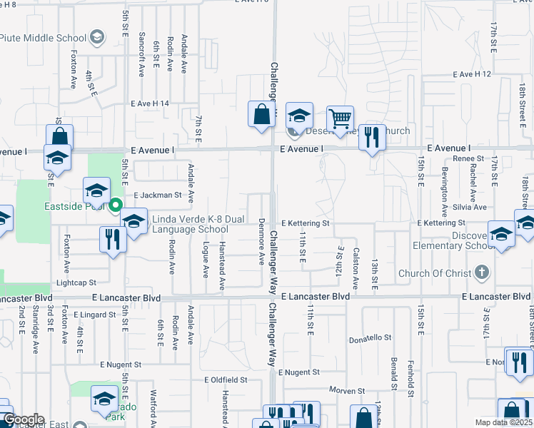 map of restaurants, bars, coffee shops, grocery stores, and more near 45014 Denmore Avenue in Lancaster