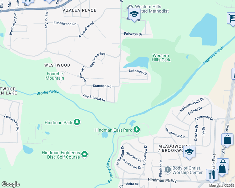 map of restaurants, bars, coffee shops, grocery stores, and more near 5427 Cardinal Road in Little Rock