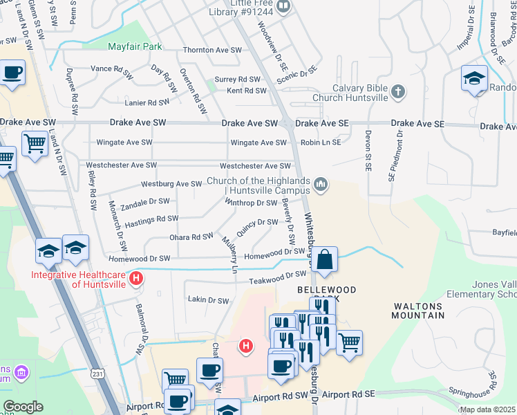 map of restaurants, bars, coffee shops, grocery stores, and more near 213 Winthrop Drive Southwest in Huntsville