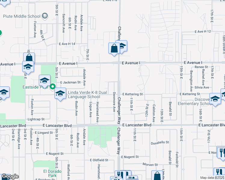 map of restaurants, bars, coffee shops, grocery stores, and more near 45015 Denmore Avenue in Lancaster