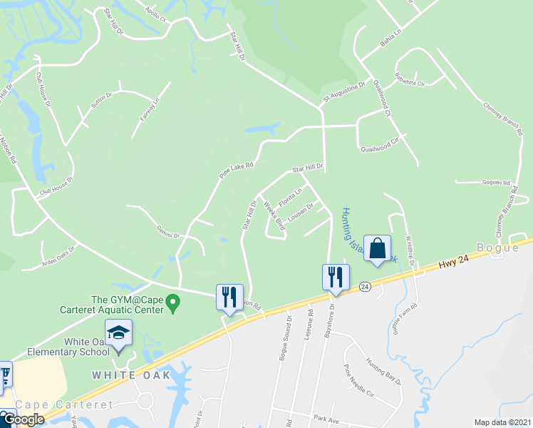 map of restaurants, bars, coffee shops, grocery stores, and more near 130 Weeks Boulevard in Swansboro