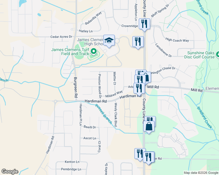 map of restaurants, bars, coffee shops, grocery stores, and more near 106 Carlton Woods Drive in Madison
