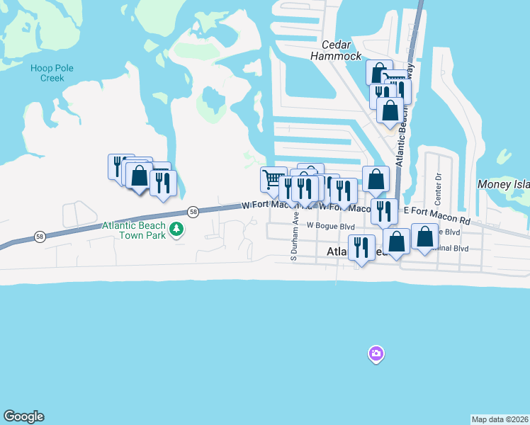 map of restaurants, bars, coffee shops, grocery stores, and more near 104 Cedar Lane in Atlantic Beach