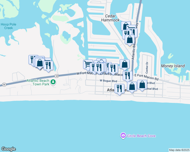 map of restaurants, bars, coffee shops, grocery stores, and more near 100 South Durham Avenue in Atlantic Beach