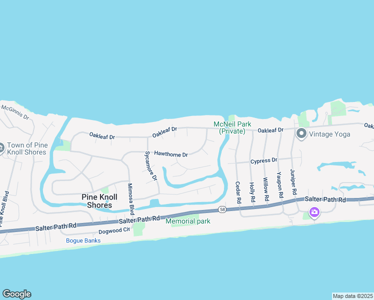 map of restaurants, bars, coffee shops, grocery stores, and more near 120 Hawthorne Drive in Pine Knoll Shores