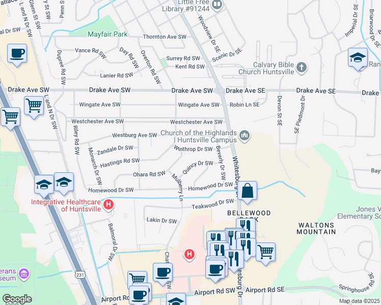 map of restaurants, bars, coffee shops, grocery stores, and more near 213 Winthrop Drive Southwest in Huntsville