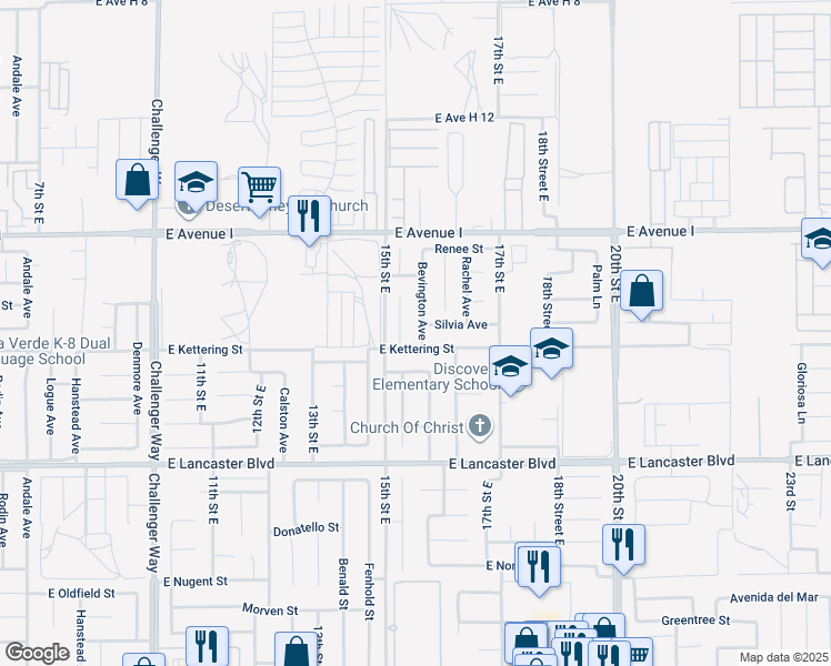 map of restaurants, bars, coffee shops, grocery stores, and more near 45015 Bevington Avenue in Lancaster