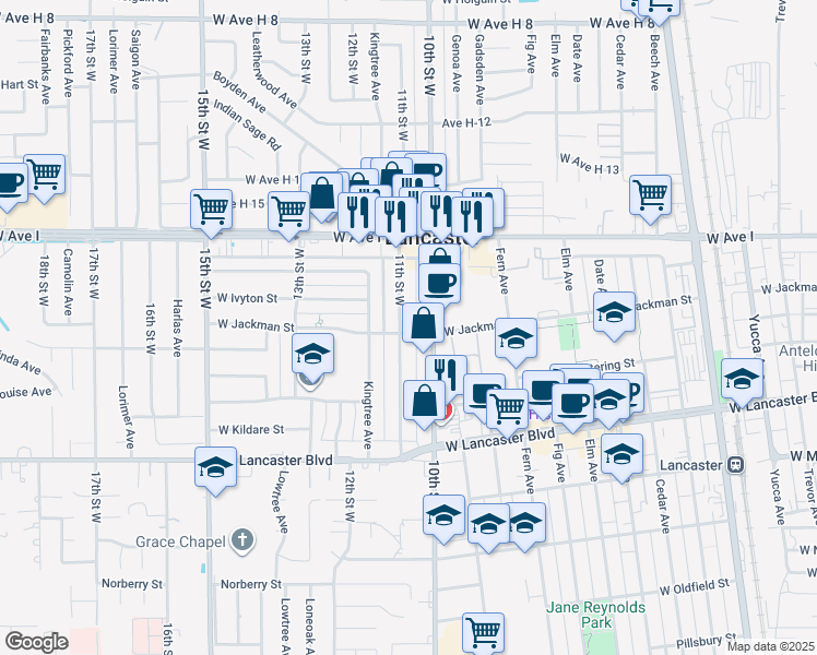 map of restaurants, bars, coffee shops, grocery stores, and more near 45002 11th Street West in Lancaster