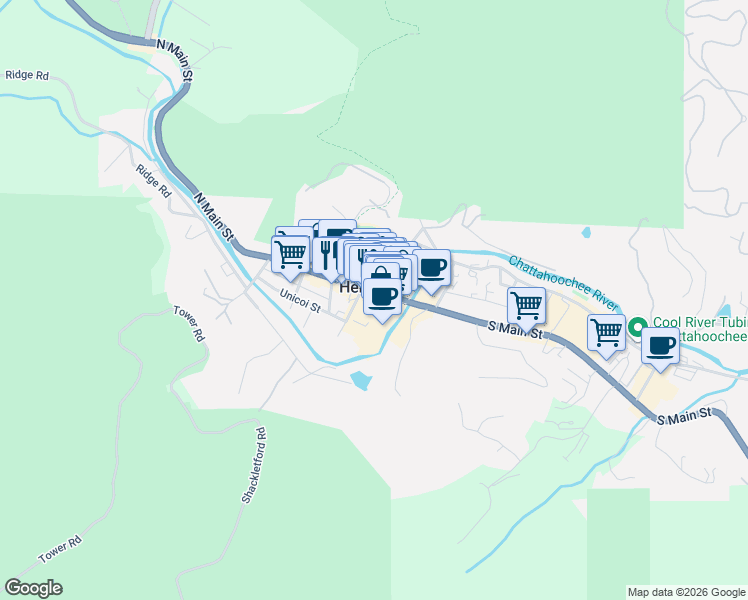 map of restaurants, bars, coffee shops, grocery stores, and more near 8663 North Main Street in Helen