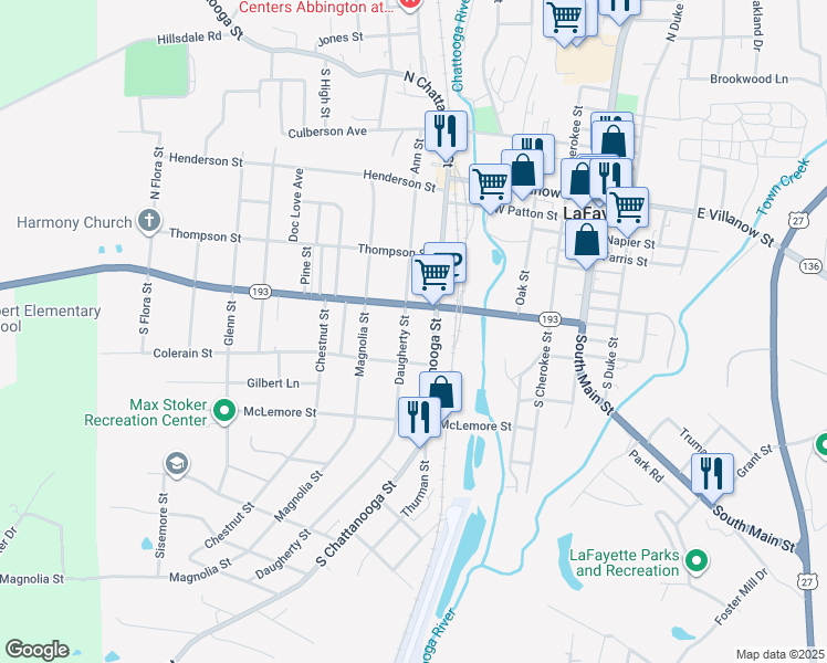 map of restaurants, bars, coffee shops, grocery stores, and more near 406 South Chattanooga Street in LaFayette