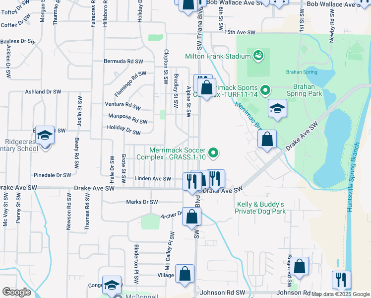 map of restaurants, bars, coffee shops, grocery stores, and more near 3509 Alpine Street Southwest in Huntsville