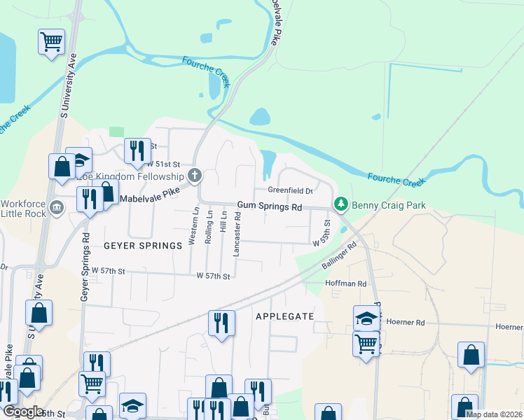 map of restaurants, bars, coffee shops, grocery stores, and more near 5101 Gum Springs Road in Little Rock