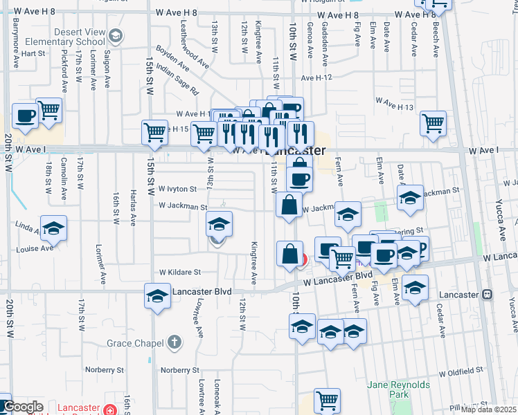 map of restaurants, bars, coffee shops, grocery stores, and more near 45002 Kingtree Avenue in Lancaster