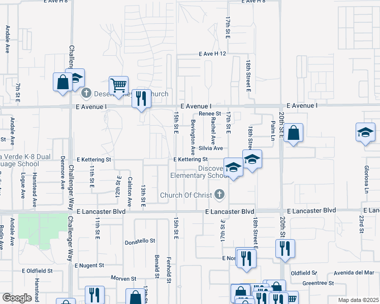 map of restaurants, bars, coffee shops, grocery stores, and more near 45015 Bevington Avenue in Lancaster