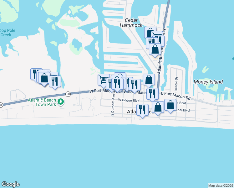 map of restaurants, bars, coffee shops, grocery stores, and more near 100 South Durham Avenue in Atlantic Beach