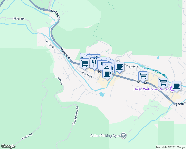 map of restaurants, bars, coffee shops, grocery stores, and more near 8735 North Main Street in Helen