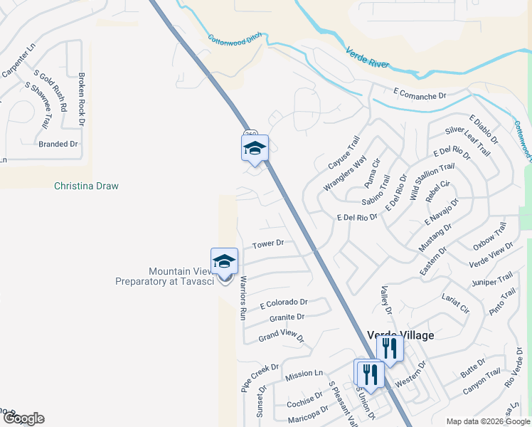 map of restaurants, bars, coffee shops, grocery stores, and more near 2131 Aztec Circle in Cottonwood