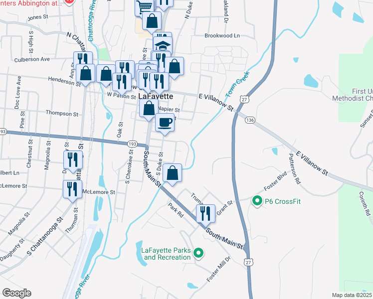 map of restaurants, bars, coffee shops, grocery stores, and more near 300 Cooper Street in LaFayette