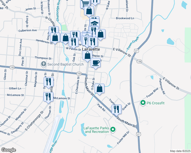 map of restaurants, bars, coffee shops, grocery stores, and more near 401 South Duke Street in LaFayette