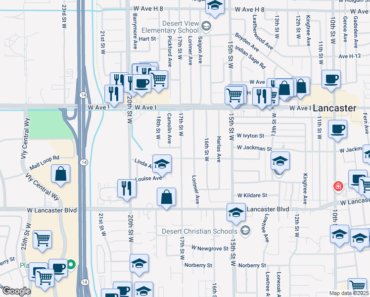 map of restaurants, bars, coffee shops, grocery stores, and more near 45020 17th Street West in Lancaster