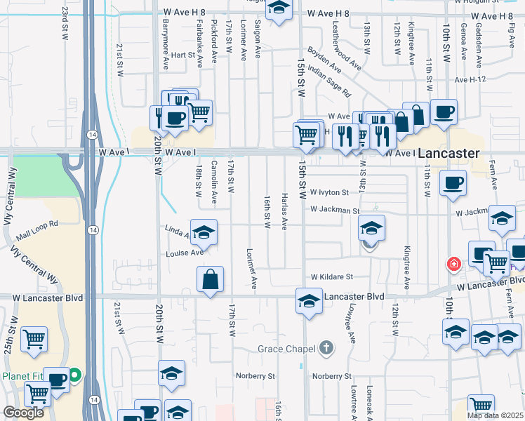 map of restaurants, bars, coffee shops, grocery stores, and more near 45023 16th Street West in Lancaster