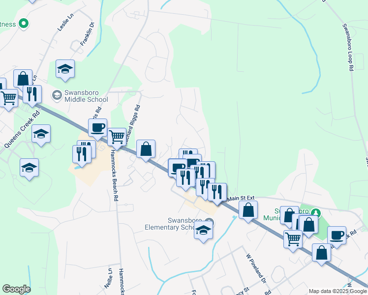 map of restaurants, bars, coffee shops, grocery stores, and more near 200 Low Country Lane in Swansboro