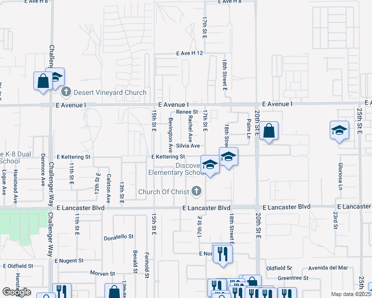 map of restaurants, bars, coffee shops, grocery stores, and more near 1616 Silvia Avenue in Lancaster